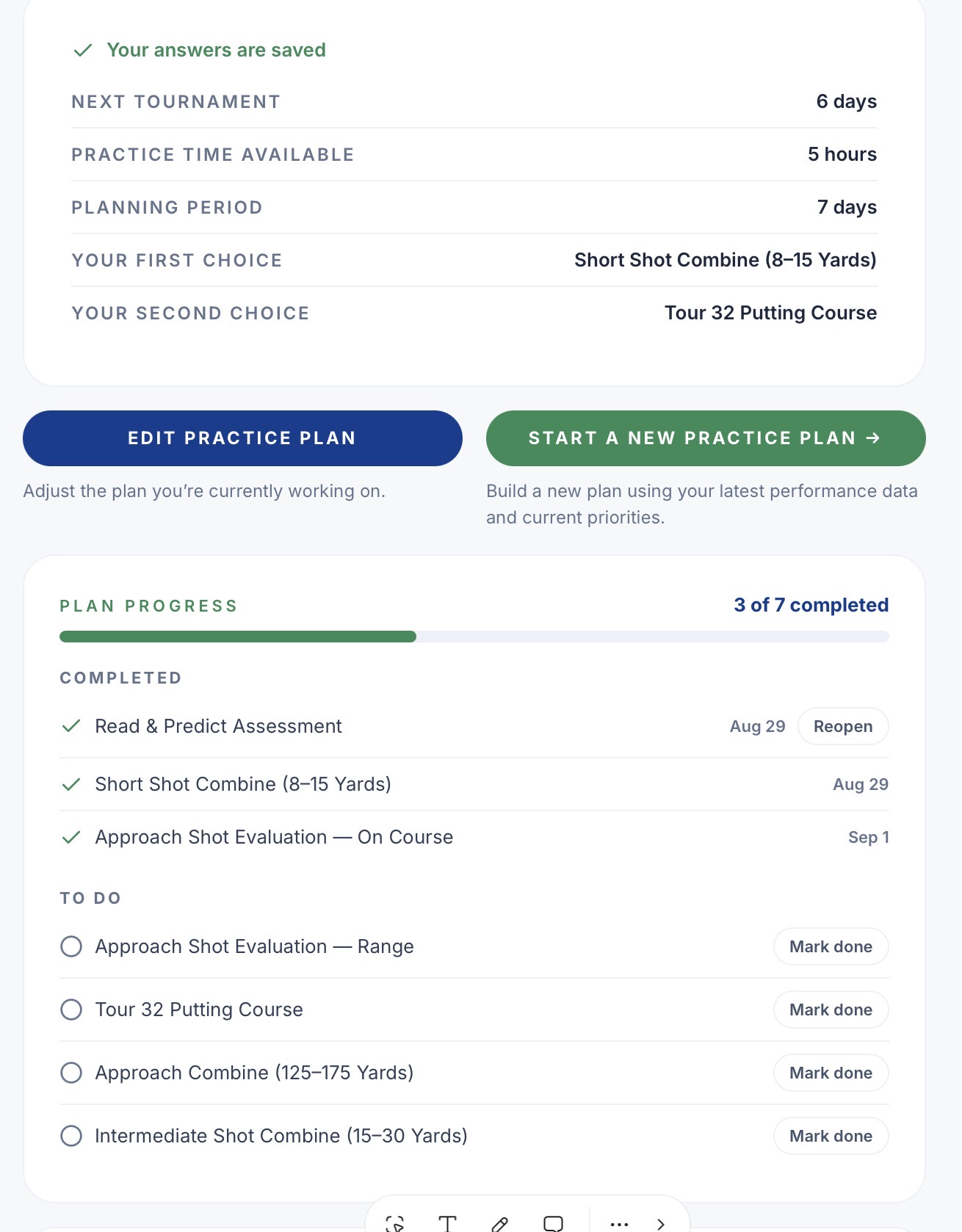 Precision Practice App plan and progress screen